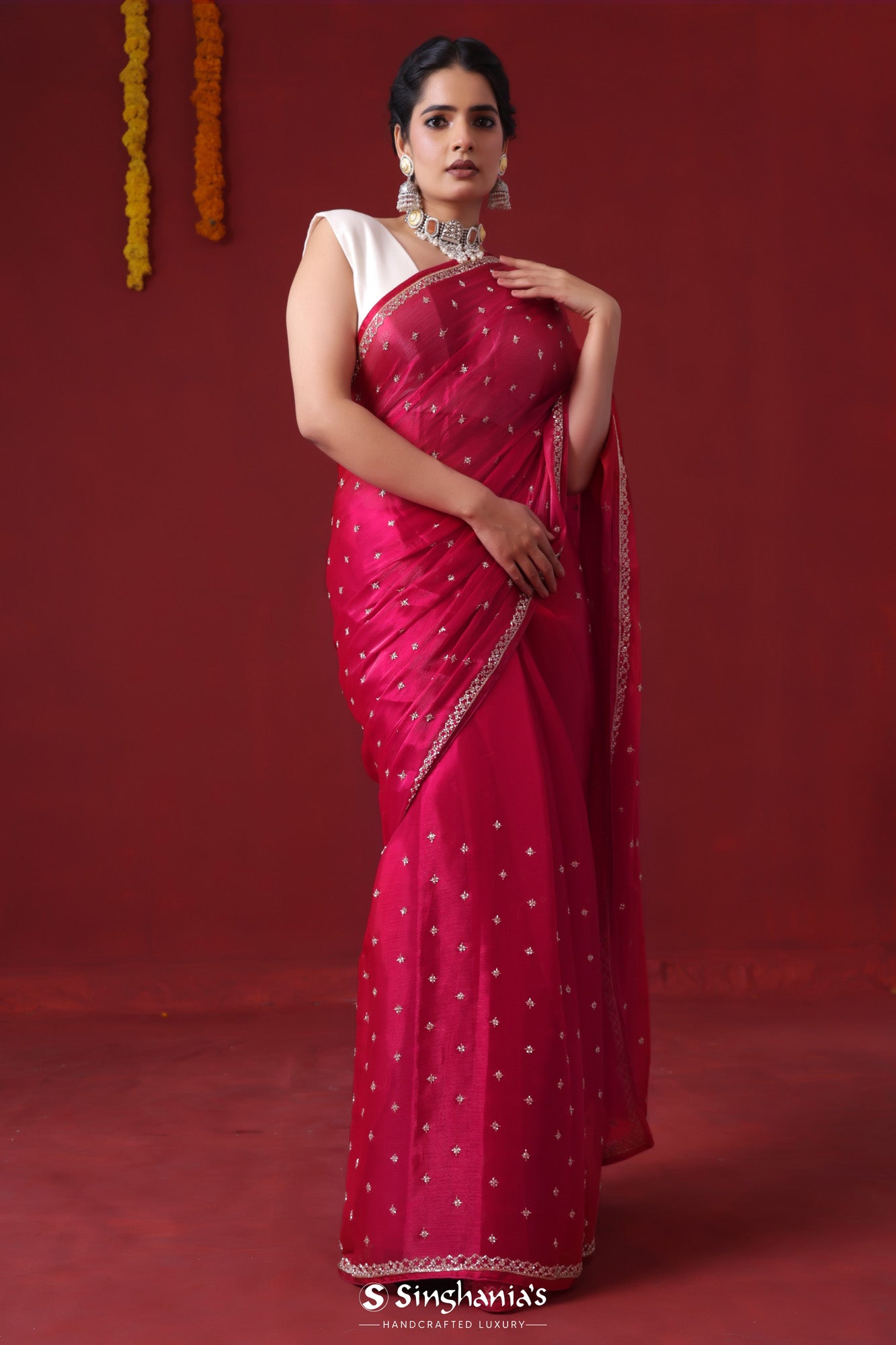 Desire Red Tissue Organza Saree With Hand Embroidery