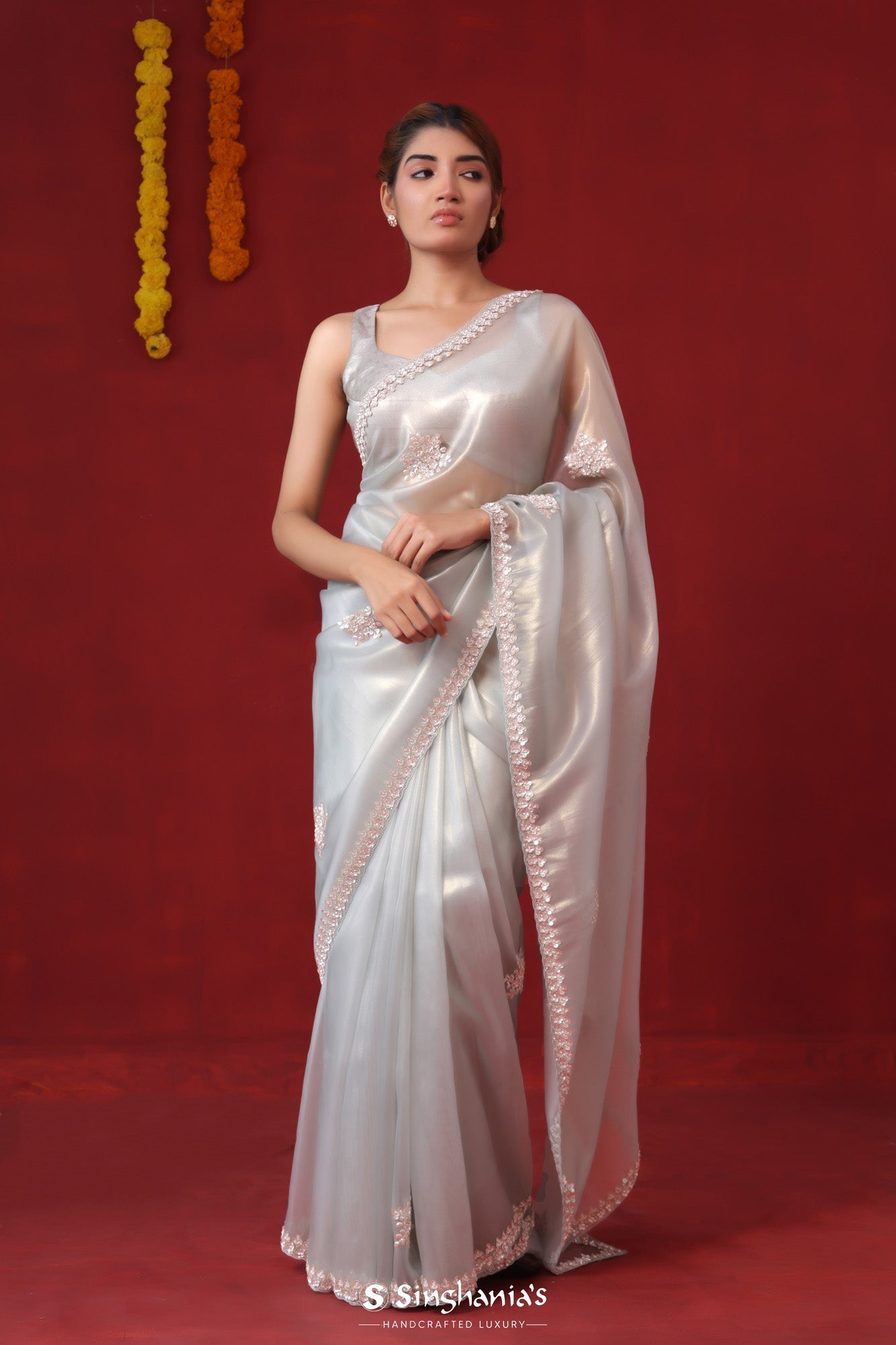 Ice Grey Tissue Organza Saree With Hand Embroidery