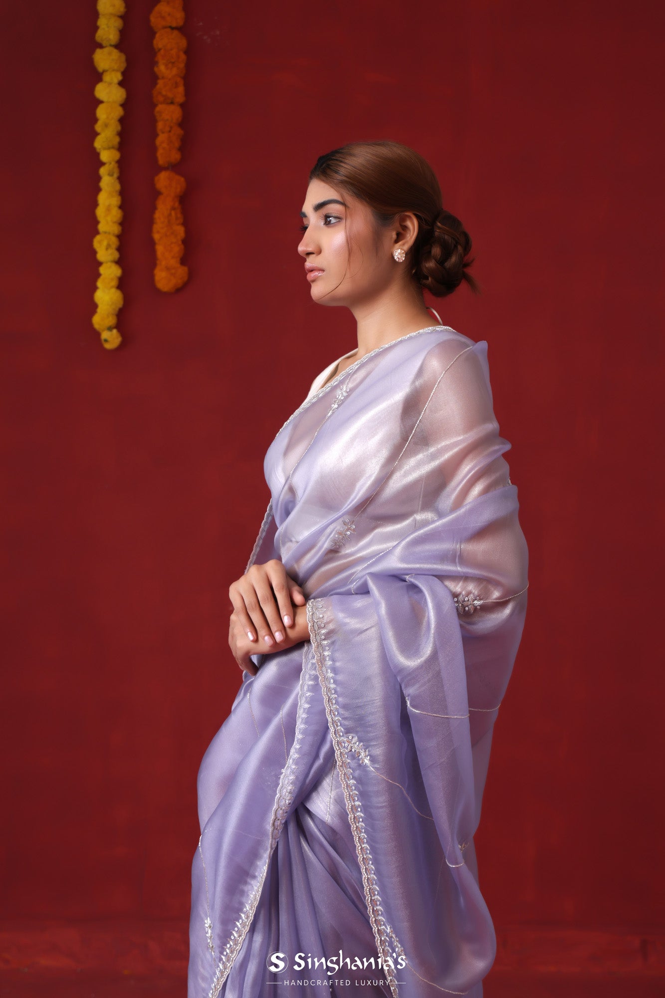 Periwinkle Purple Tissue Organza Saree With Hand Embroidery