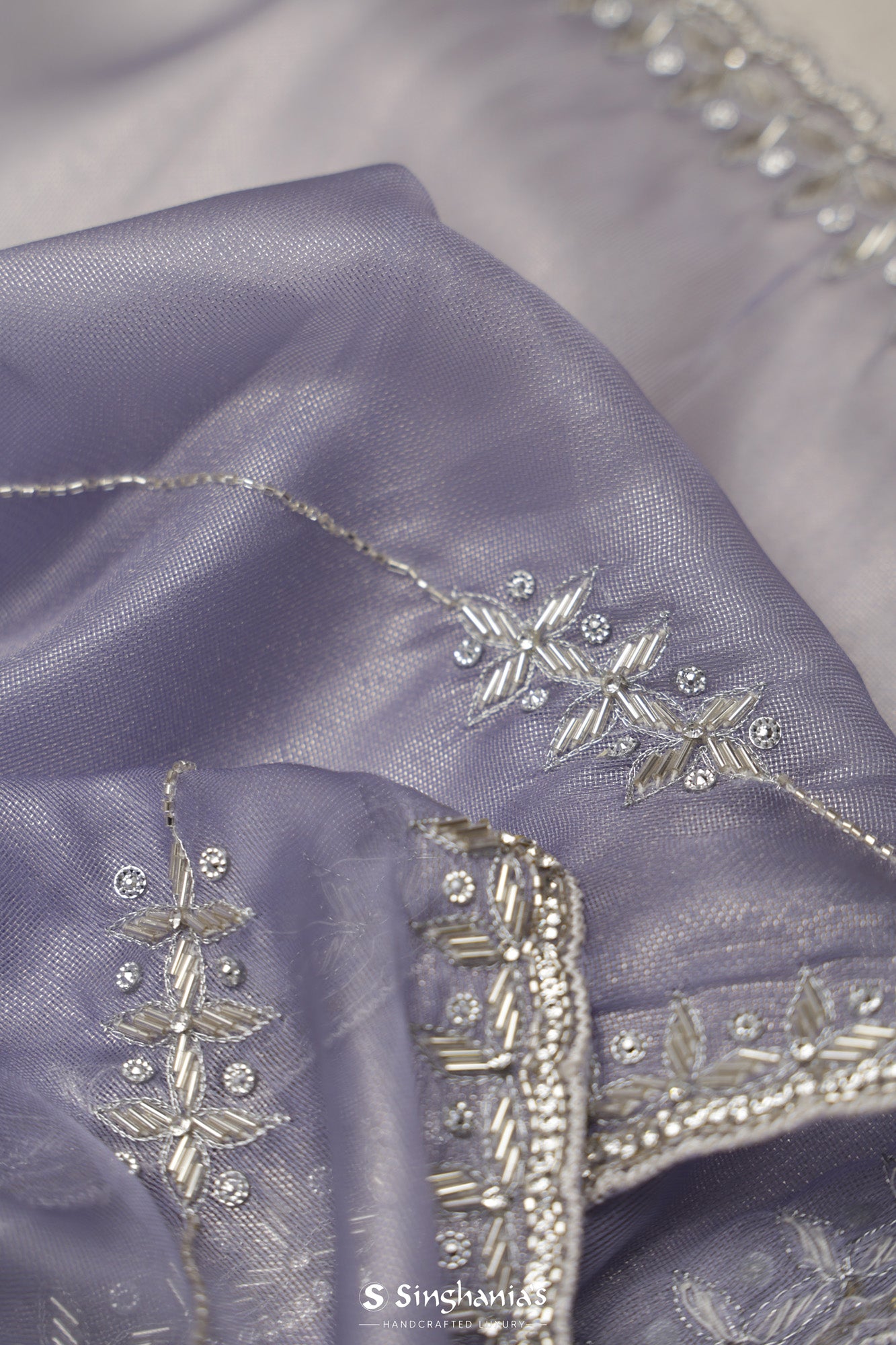 Periwinkle Purple Tissue Organza Saree With Hand Embroidery