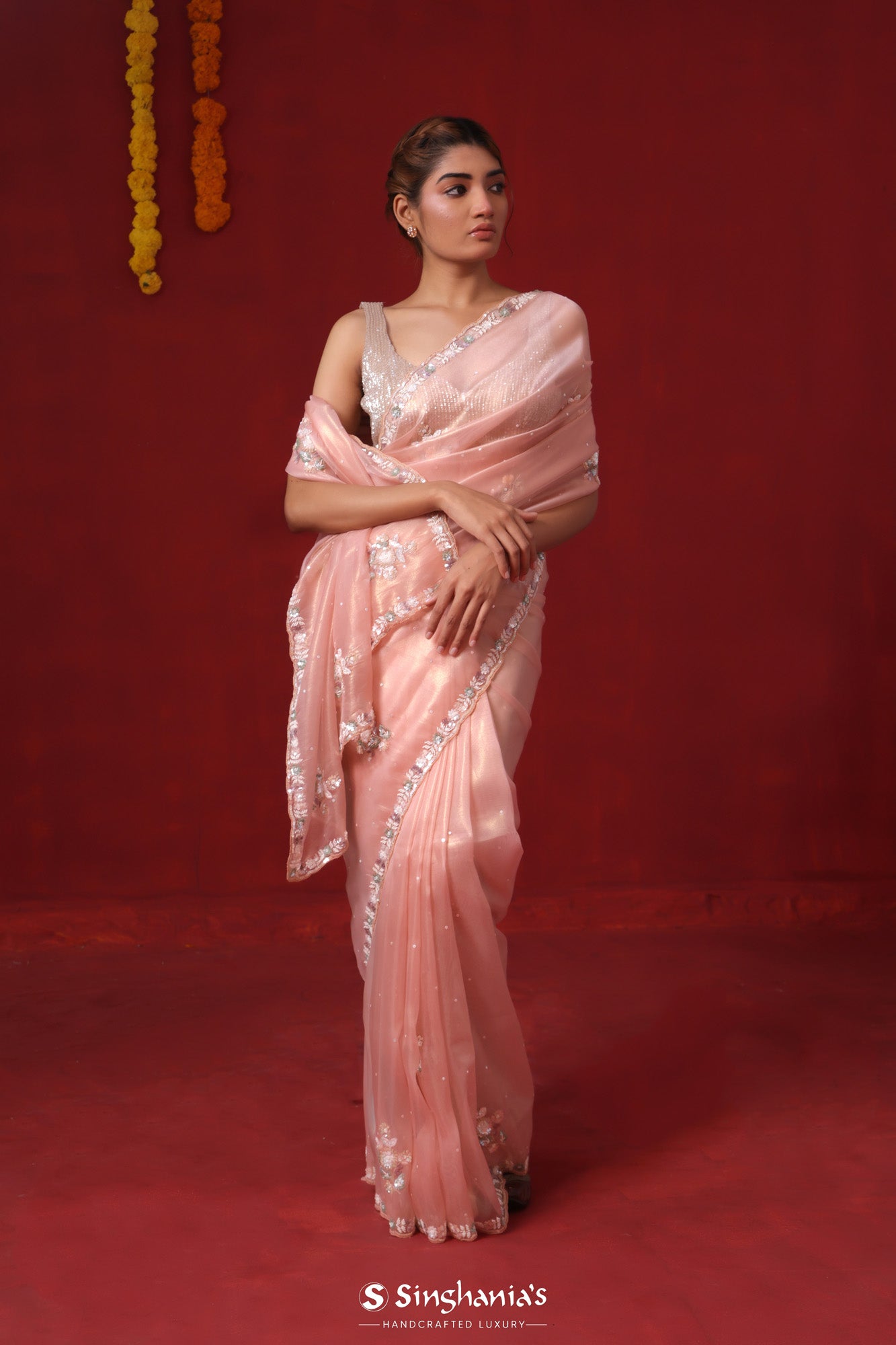 Baby Pink Tissue Organza Saree With Hand Embroidery
