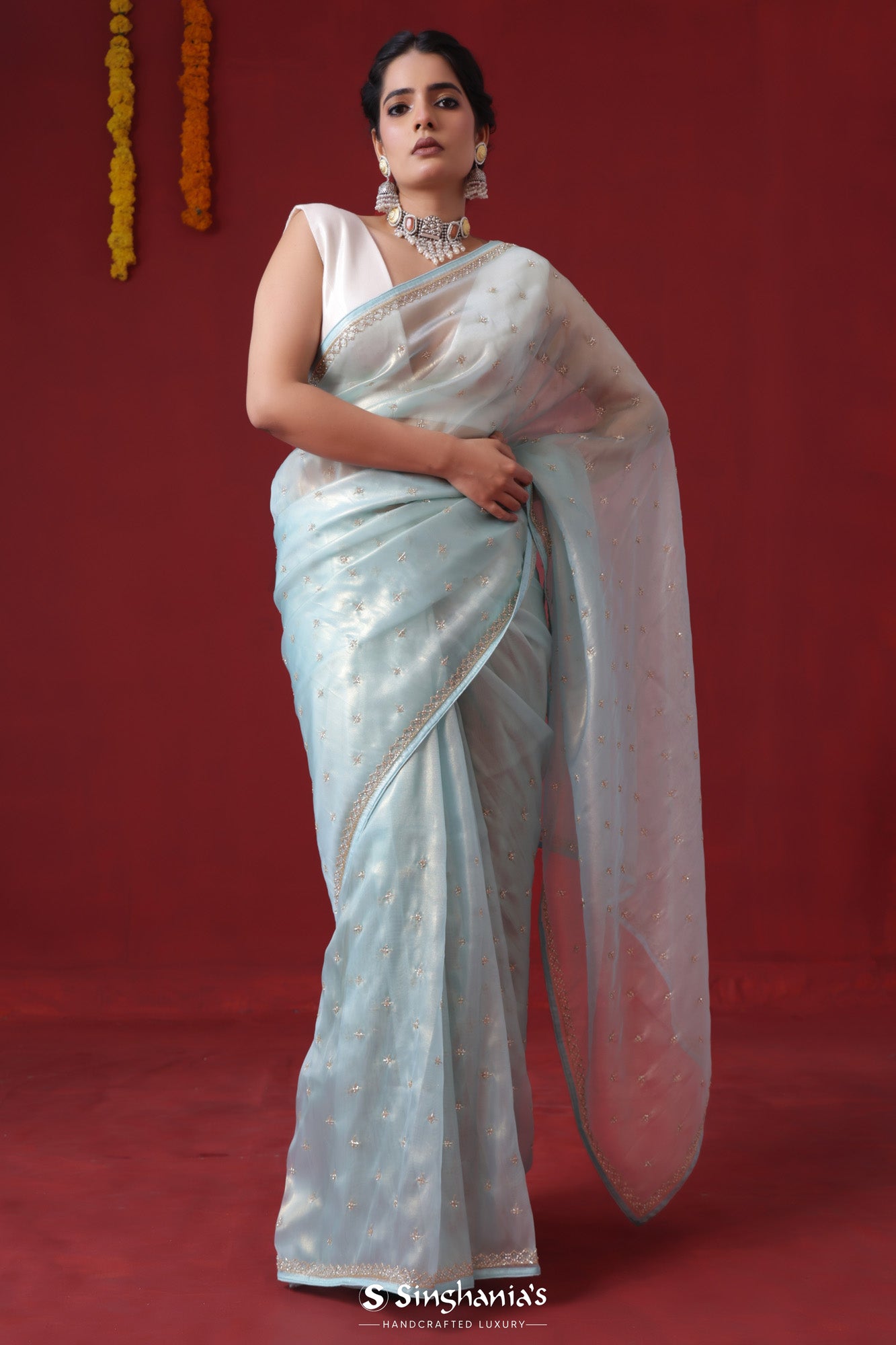 Light Turquoise Tissue Organza Saree With Hand Embroidery