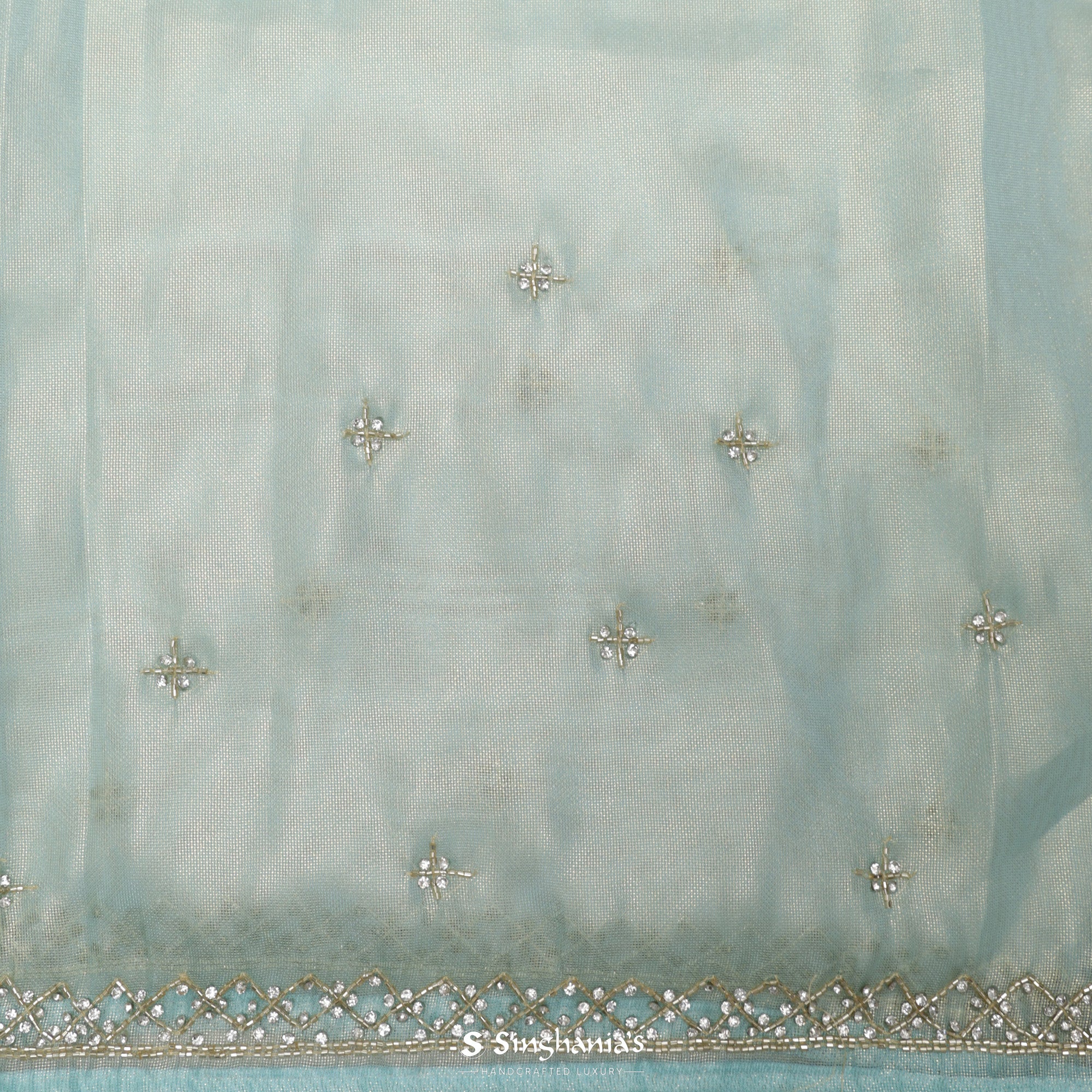 Light Turquoise Tissue Organza Saree With Hand Embroidery