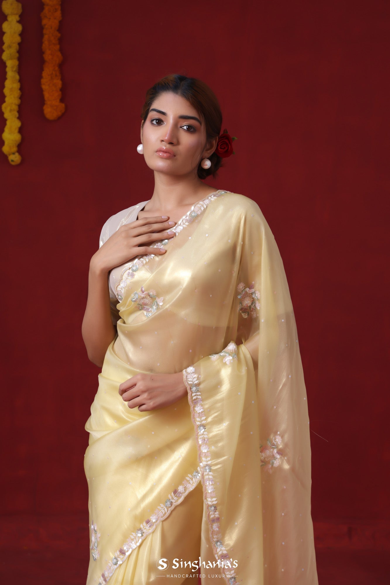 Transparent Yellow Tissue Organza Saree With Hand Embroidery