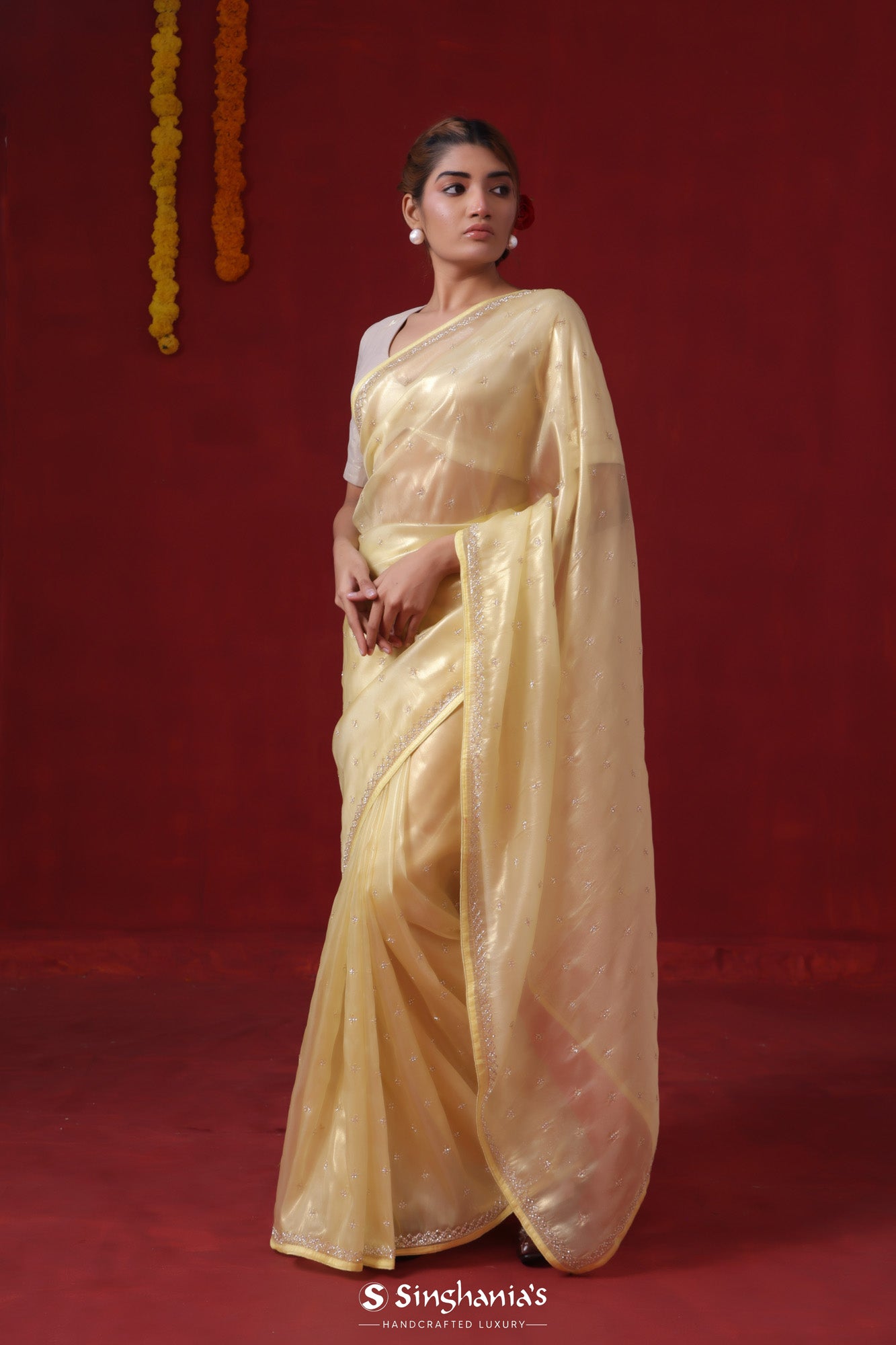 Sunlit Yellow Tissue Organza Saree With Hand Embroidery