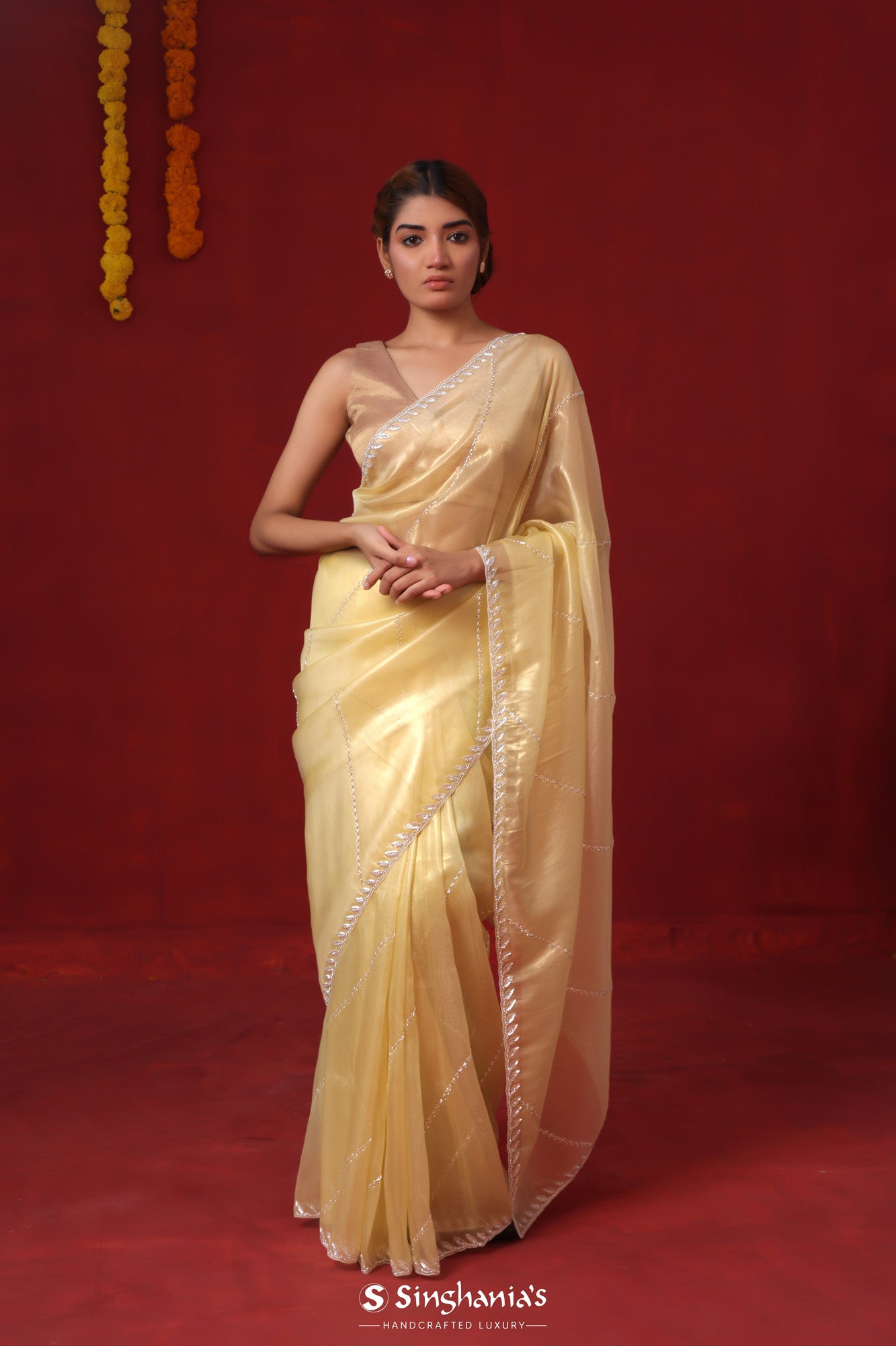 Yellow Cream Tissue Organza Saree With Hand Embroidery