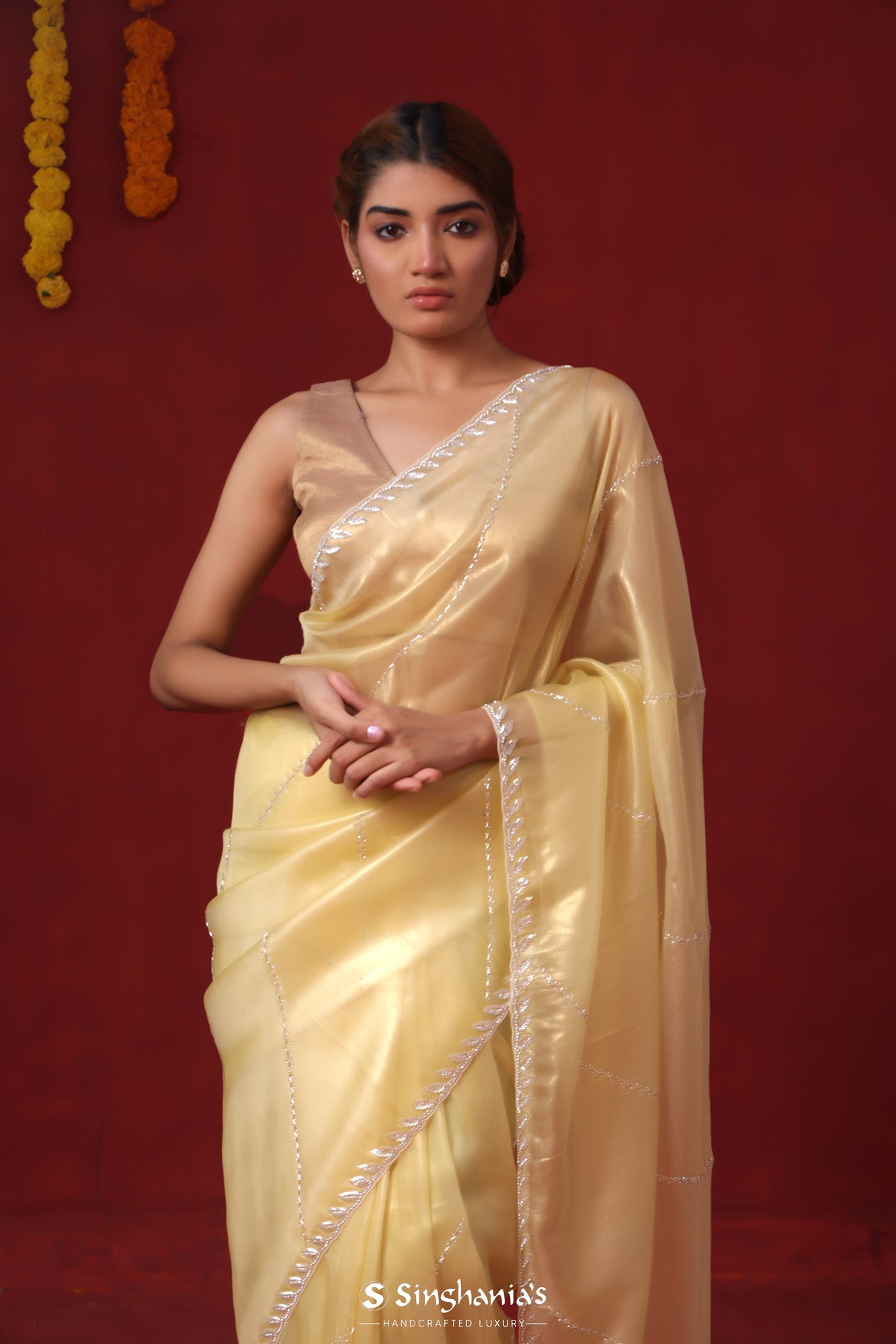 Yellow Cream Tissue Organza Saree With Hand Embroidery