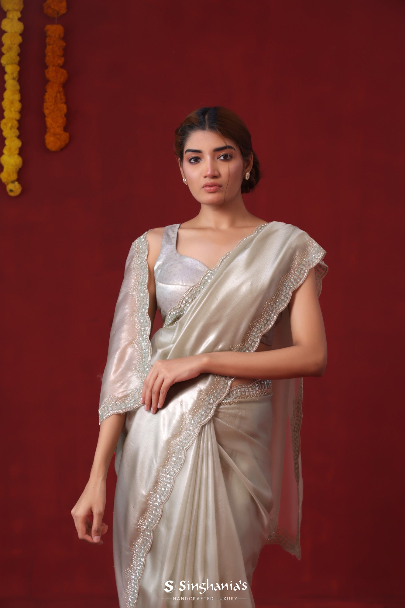 French Grey Tissue Organza Saree With Hand Embroidery
