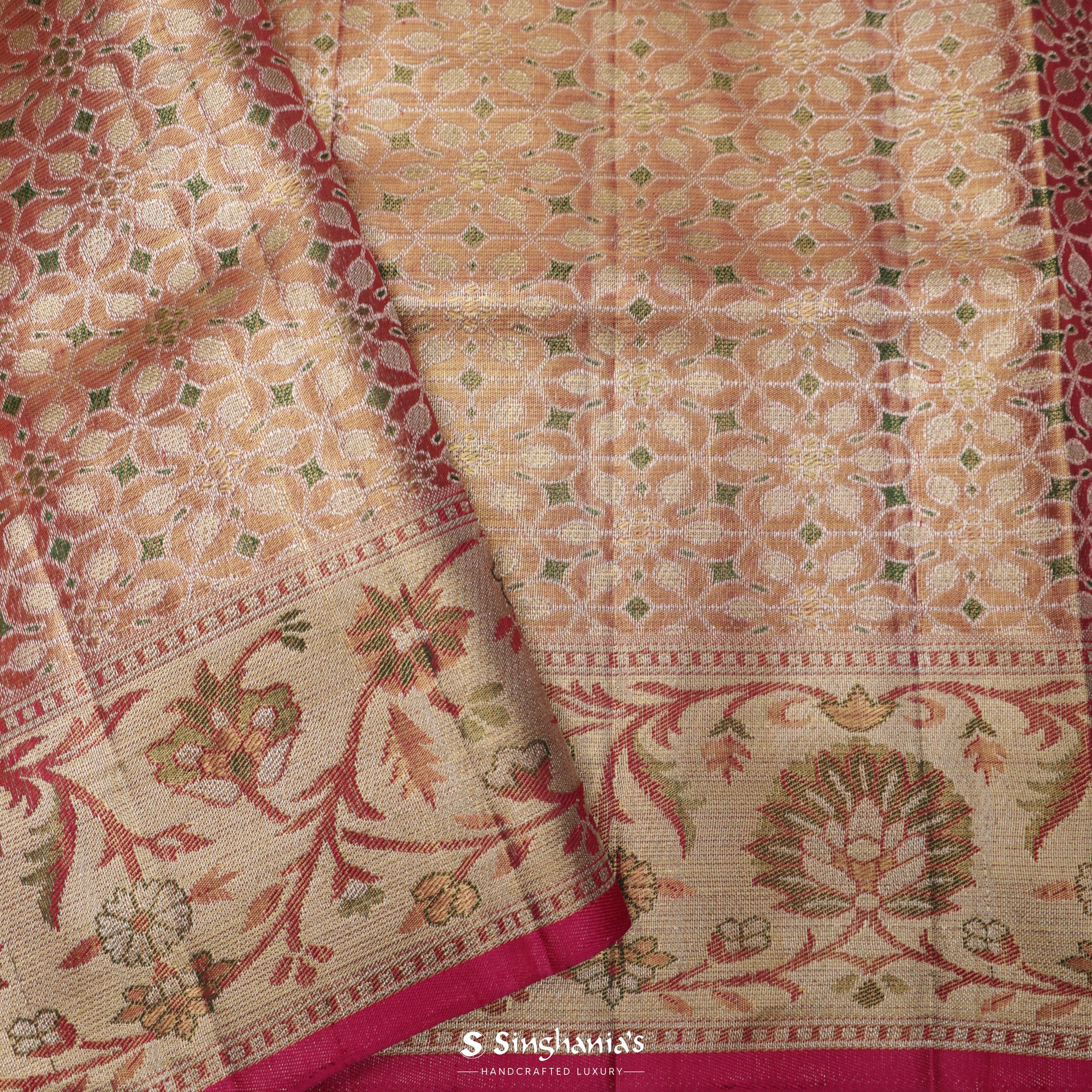Ruddy Pink Tissue Kanjivaram Saree With Floral Jaal Weaving