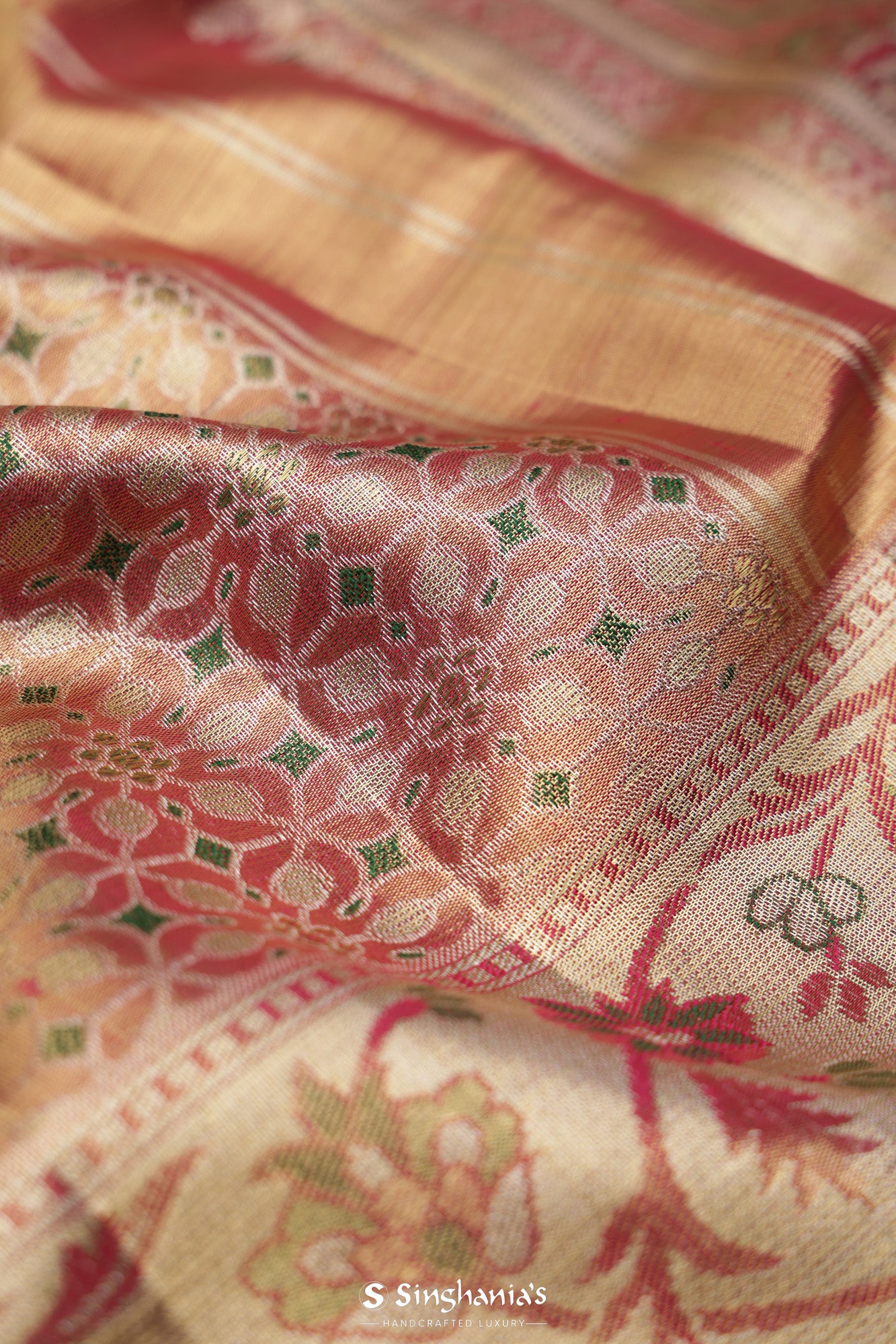 Ruddy Pink Tissue Kanjivaram Saree With Floral Jaal Weaving