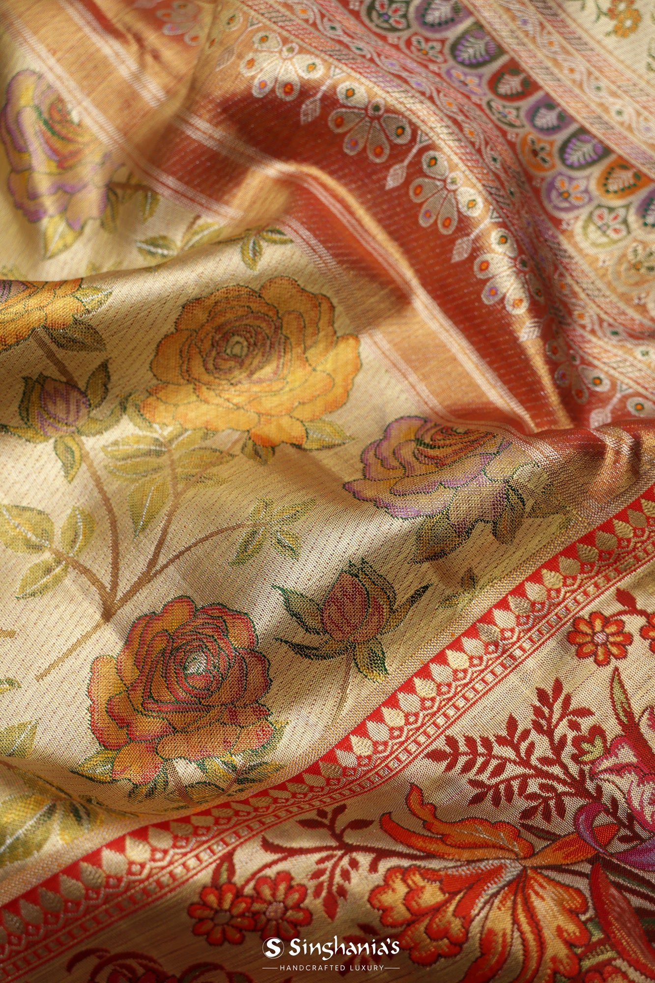 Vegas Gold Tissue Kanjivaram Saree With Floral Jaal Weaving