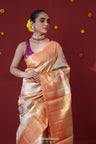 Beige Gold Kanjivaram Silk Saree With Peacock-Floral Weaving