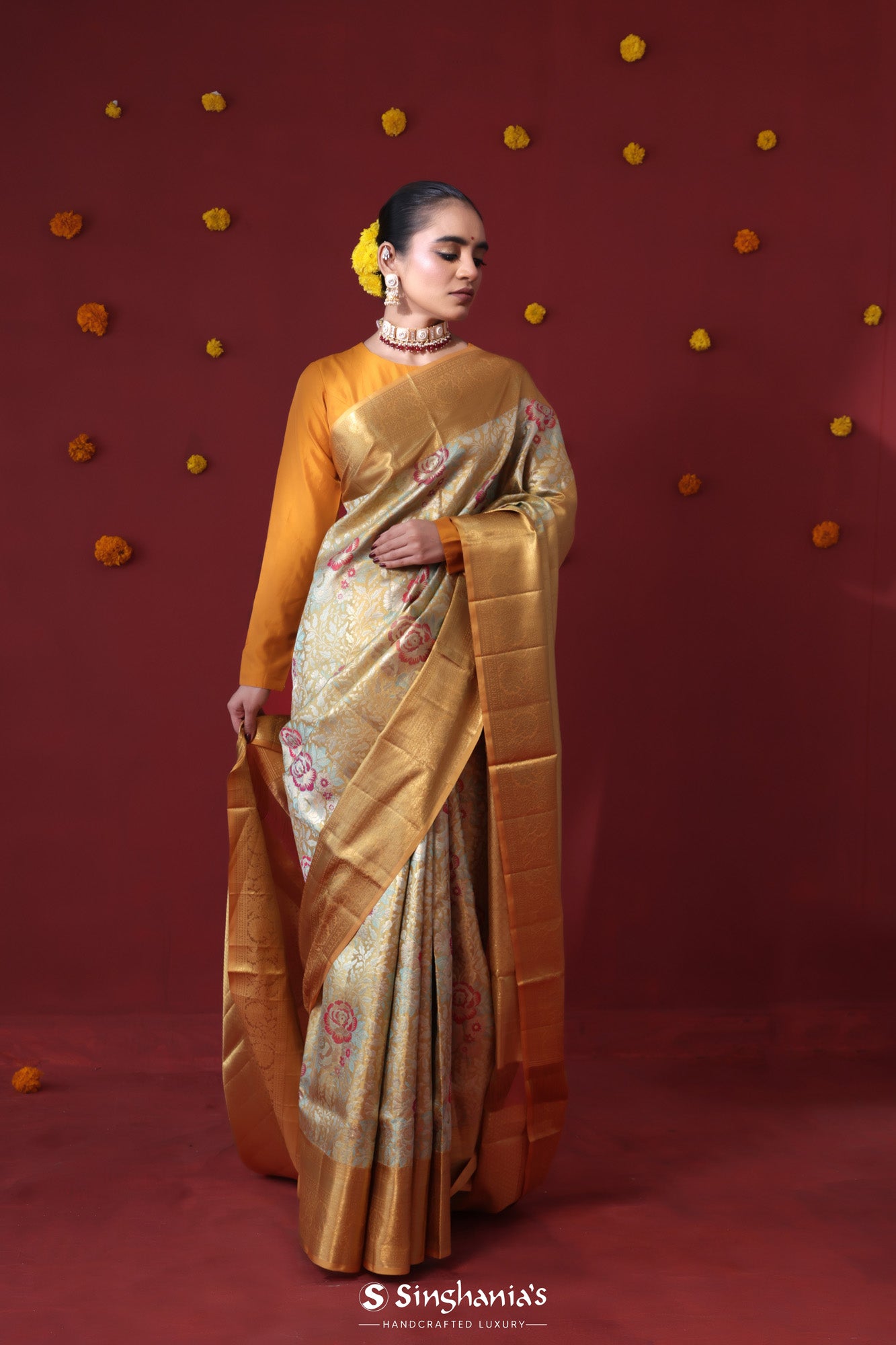 Green Gold Tissue Kanjivaram Saree With Floral Jaal Weaving