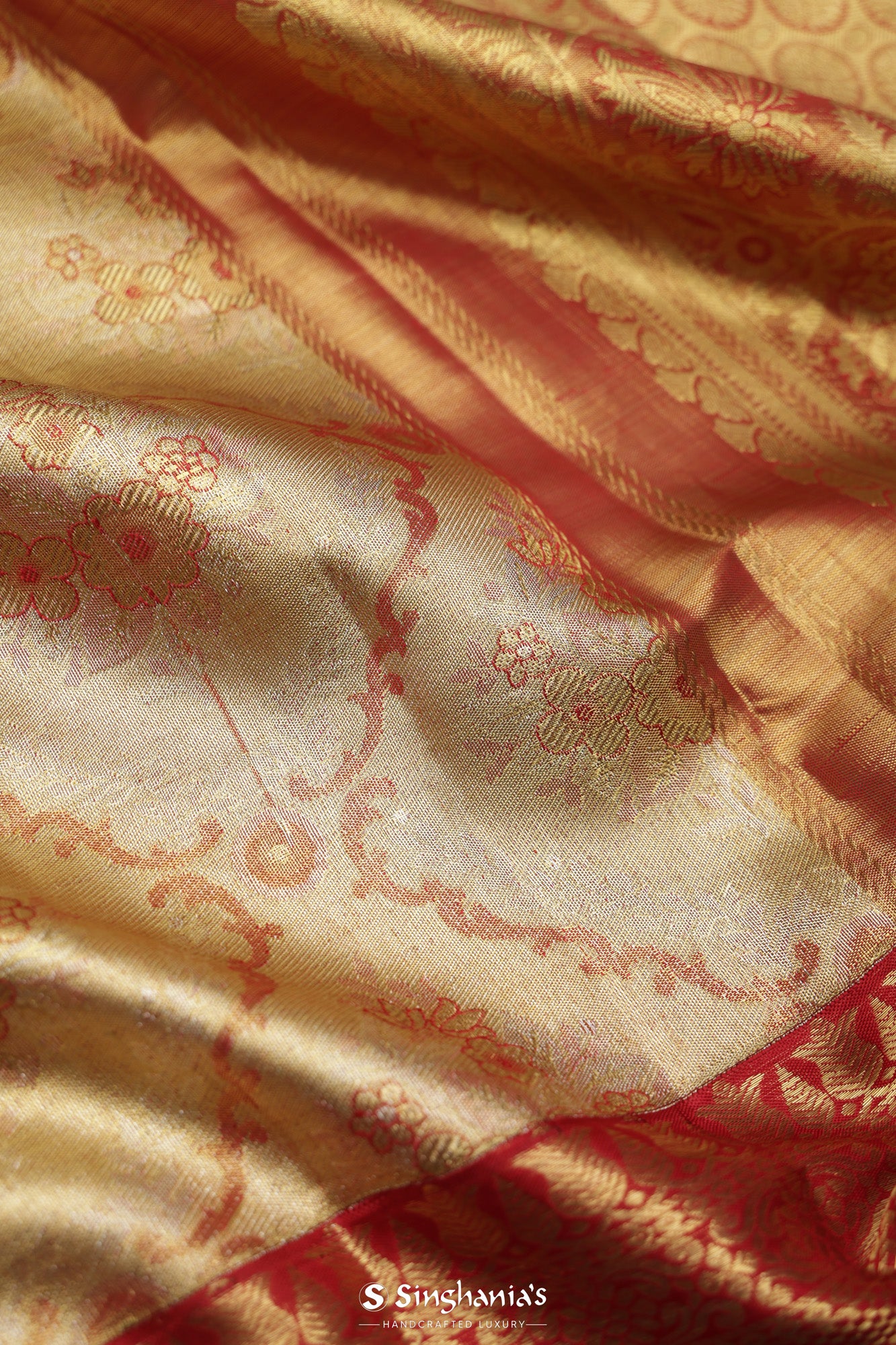 Mustard Gold Tissue Kanjivaram Saree With Floral Jaal Weaving