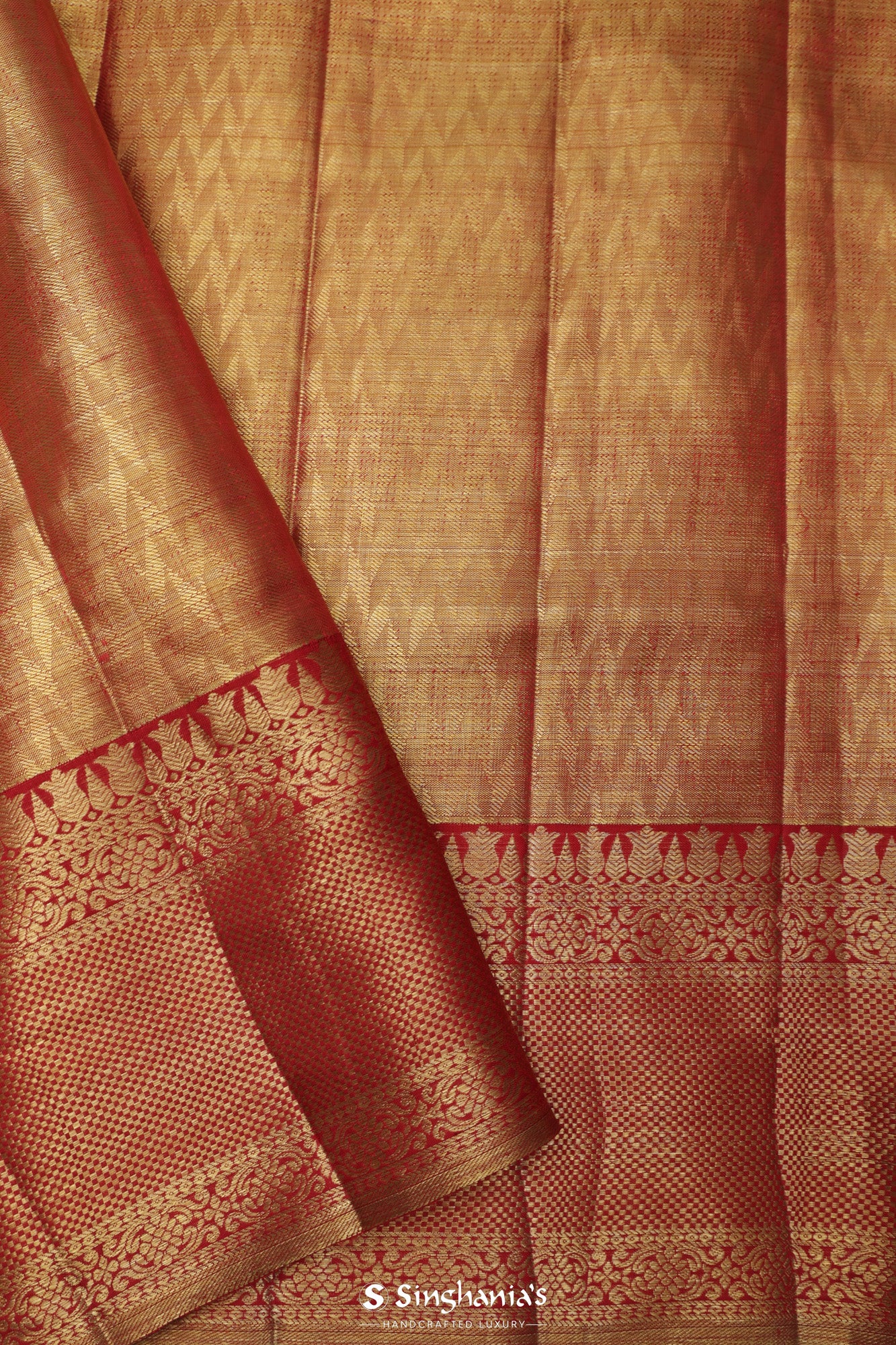 Mustard Gold Tissue Kanjivaram Saree With Floral Jaal Weaving