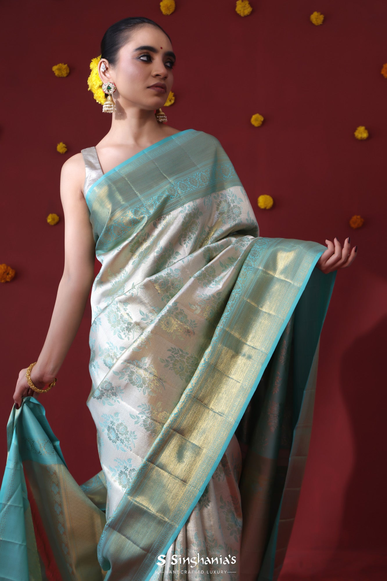 Silver Blue Kanjeevaram Silk Saree With Floral Jaal Weaving
