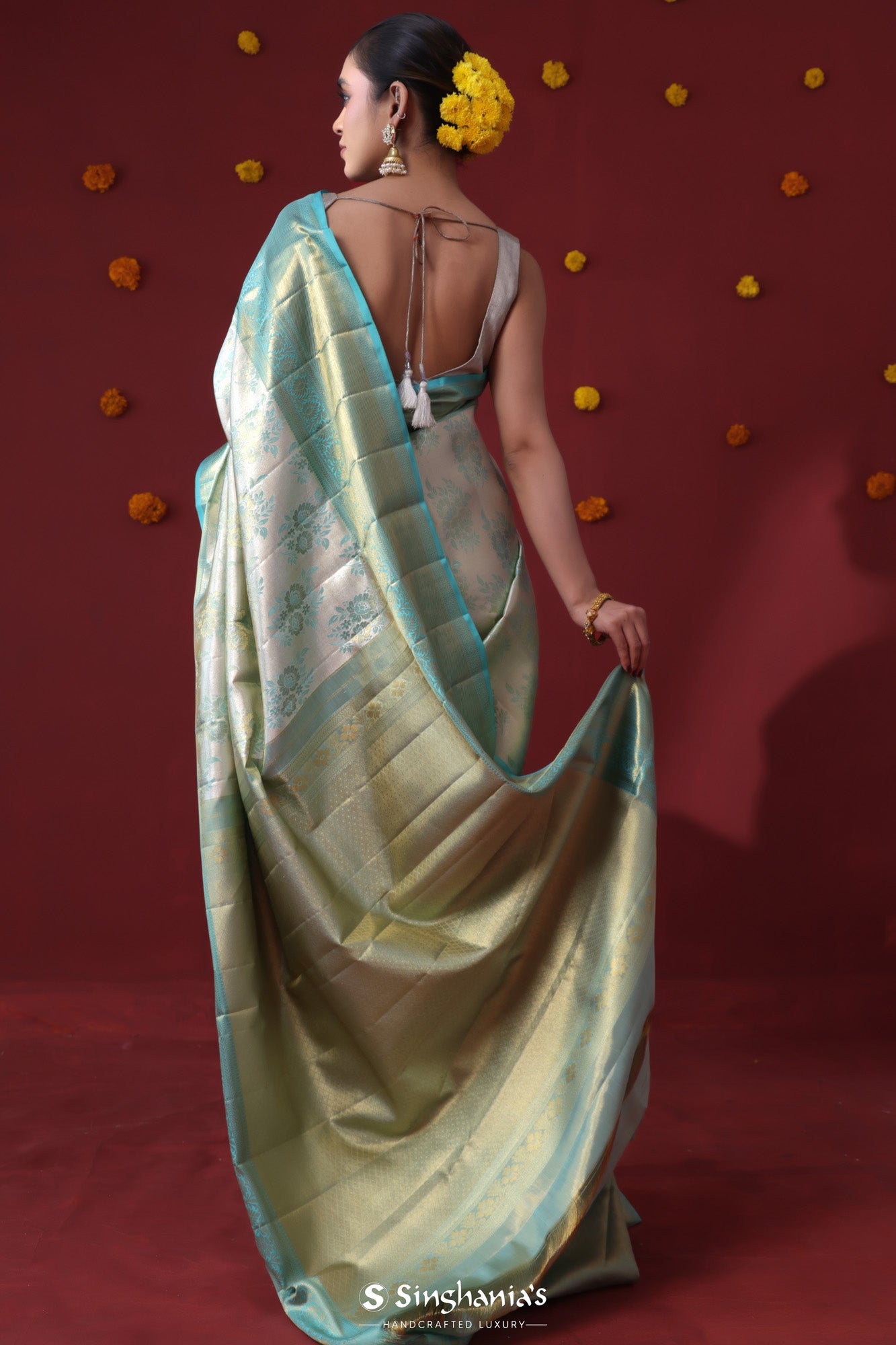 Silver Blue Kanjeevaram Silk Saree With Floral Jaal Weaving