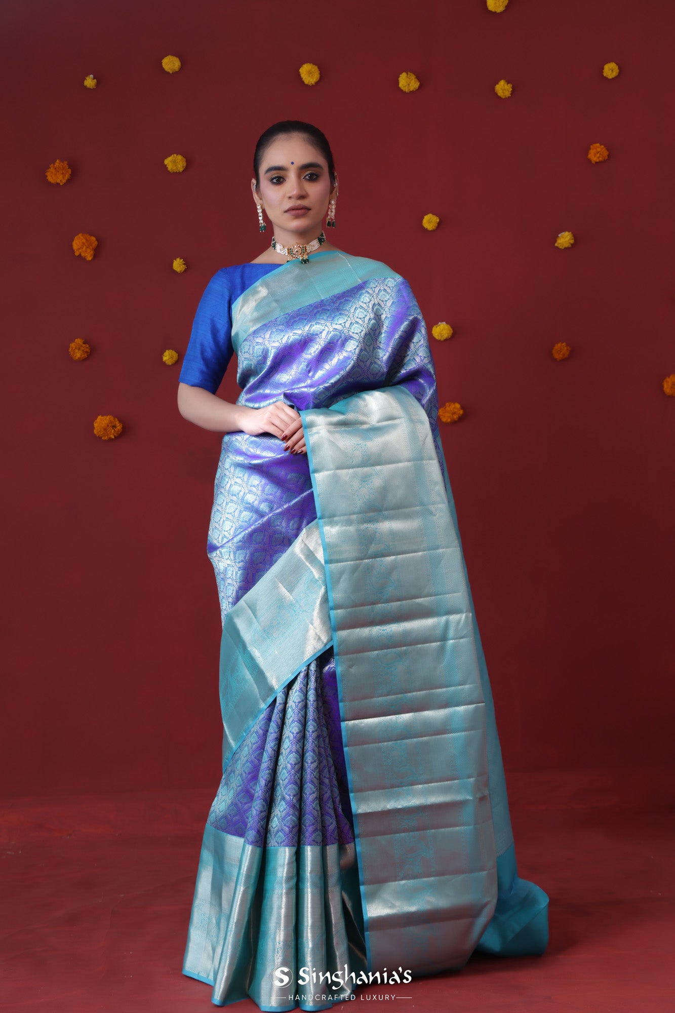 Picotee Blue Kanjeevaram Silk Saree With Floral Jaal Weaving