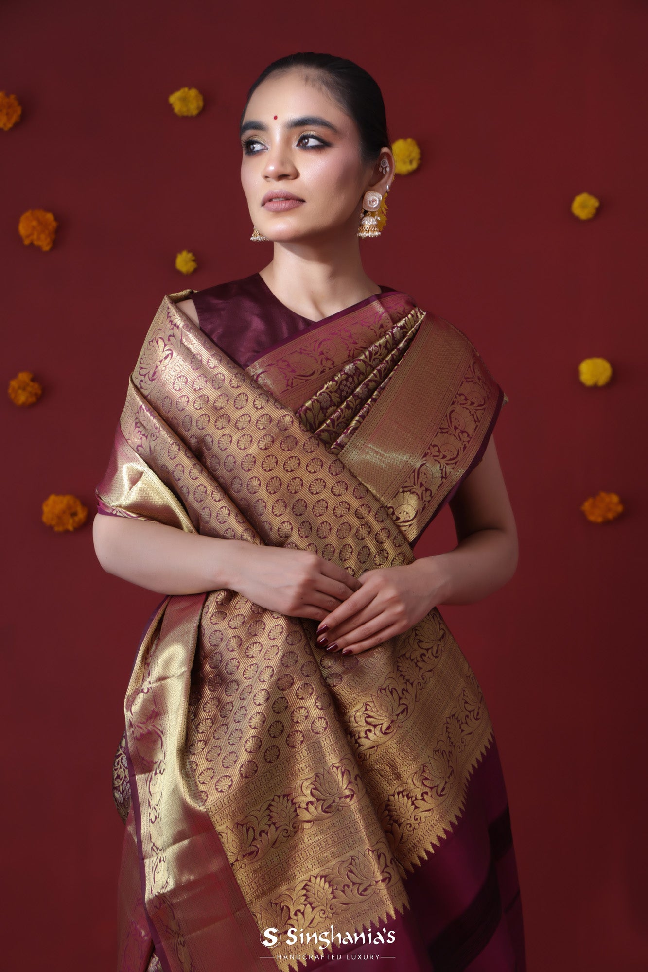 Wine Maroon Kanjivaram Silk Saree With Floral Jaal Weaving