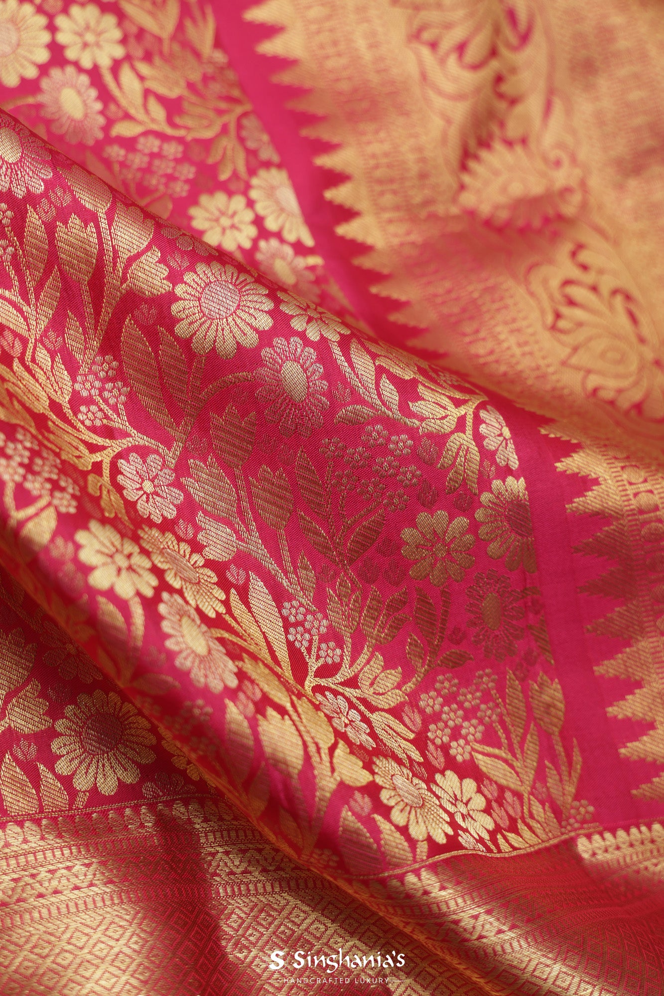Hibiscus Red Kanjivaram Silk Saree With Floral Jaal Weaving