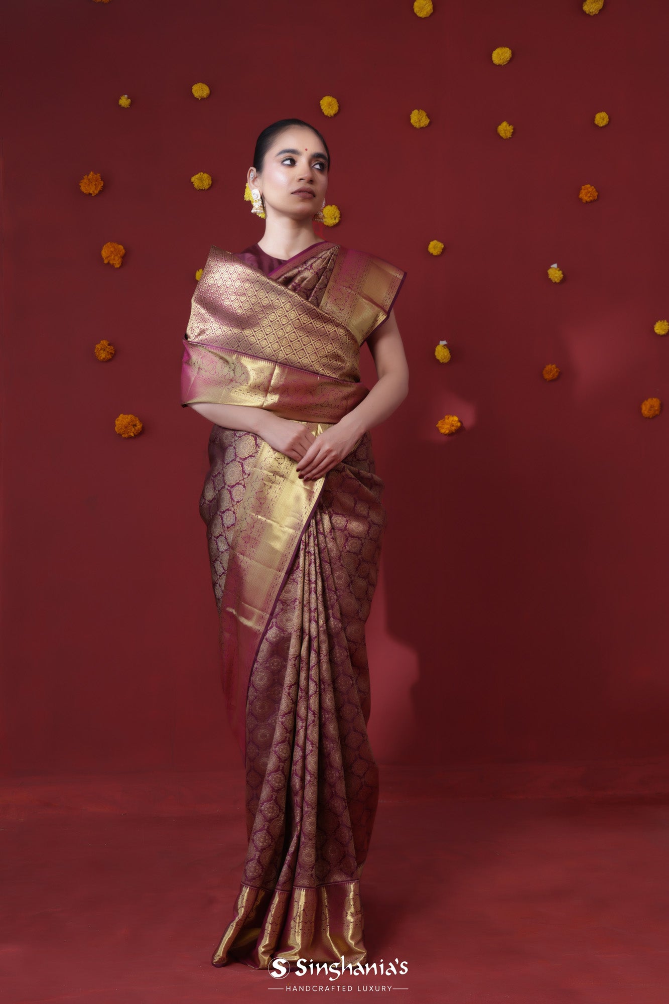 Dark Maroon Kanjivaram Silk Saree With Floral Jaal Weaving