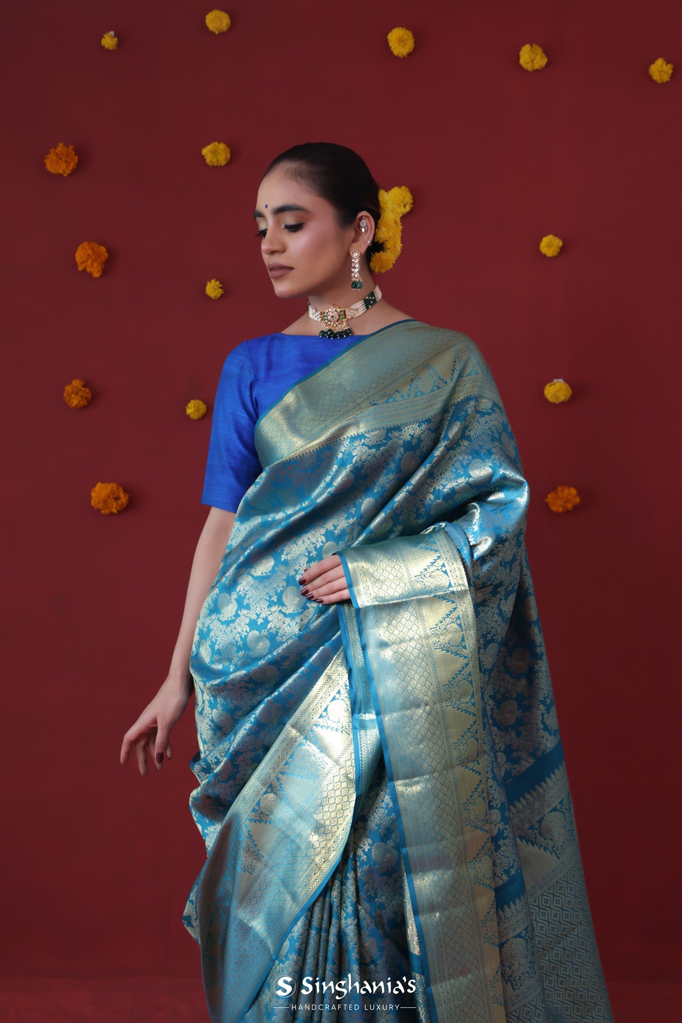 Mavericks Blue Kanjivaram Silk Saree With Peacock-Floral Weaving