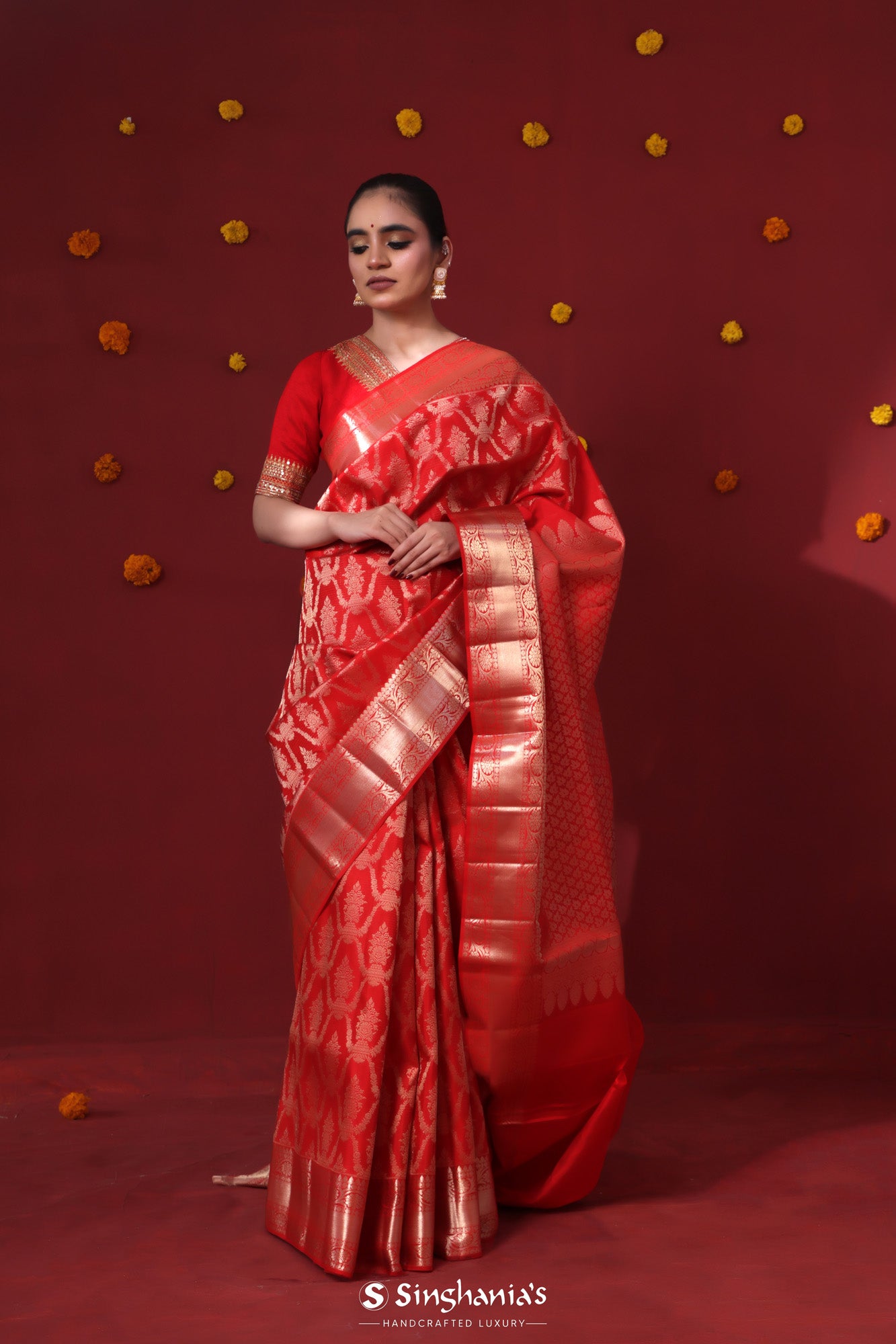 Fire Brick Red Kanjivaram Silk Saree With Floral Jaal Weaving