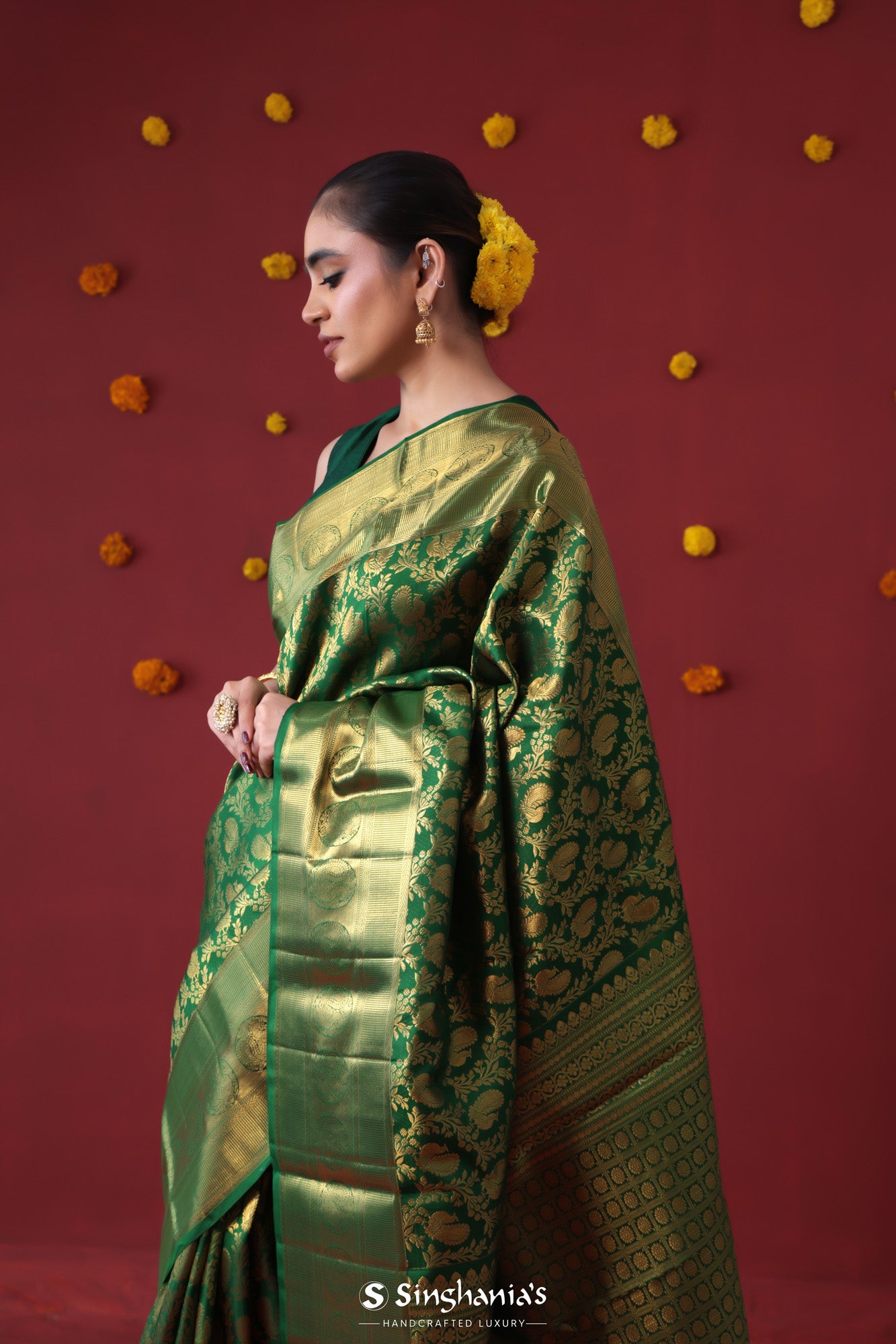Cadmium Green Kanjivaram Silk Saree With Peacock-Floral Weaving