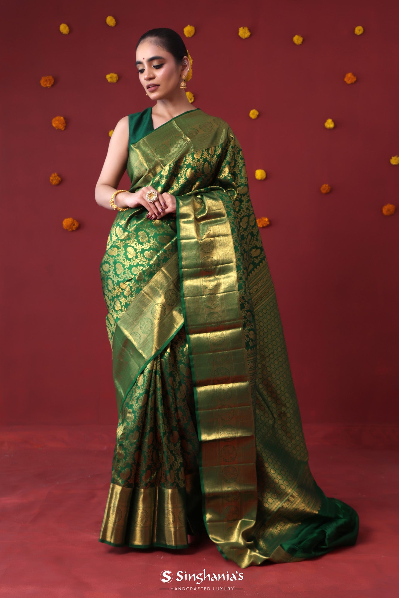 Bottle Green Brocade Kanjivaram Saree – StylebyPanaaash