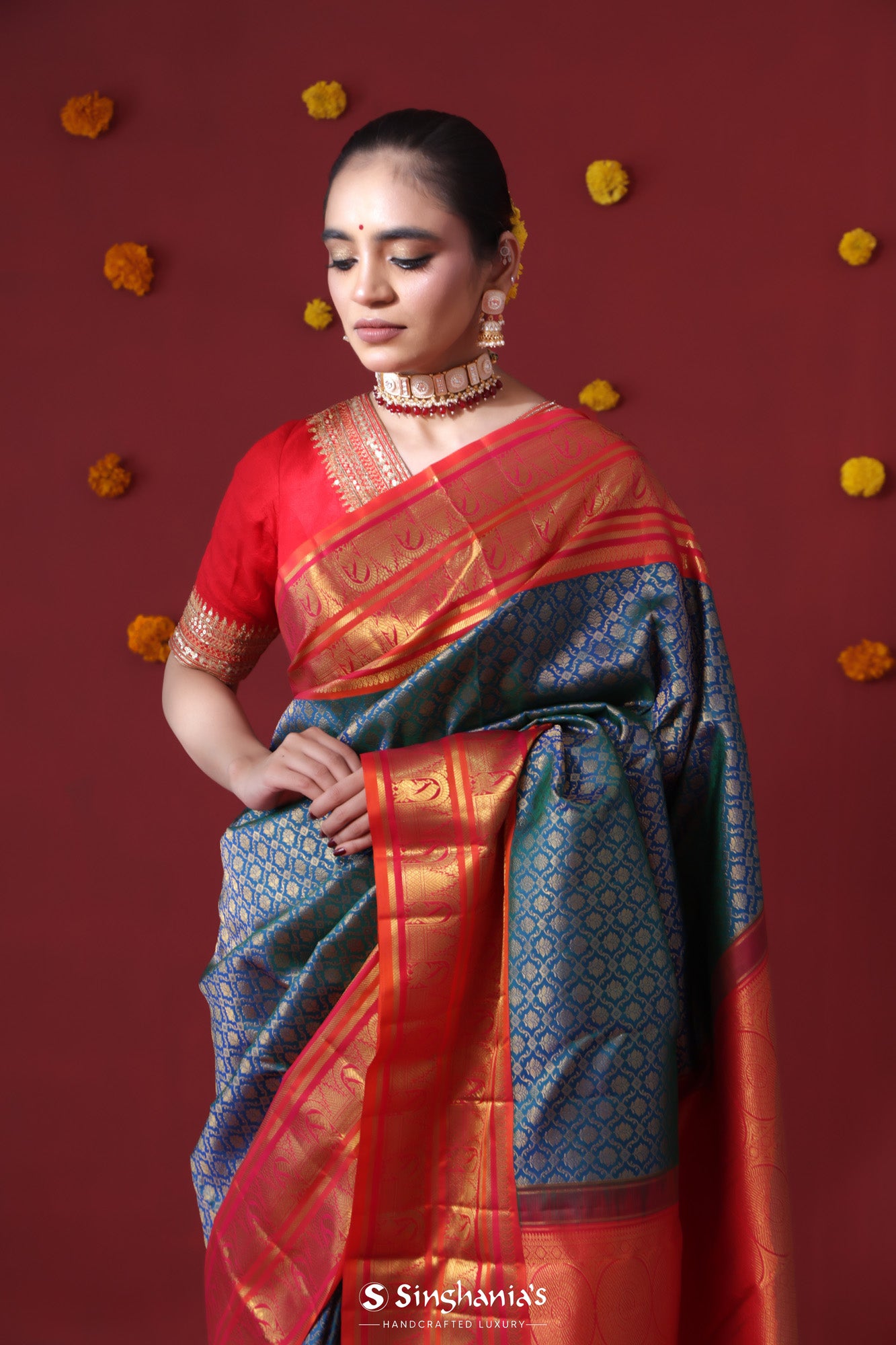 Lapis Blue Kanjivaram Silk Saree With Floral Buttas Weaving