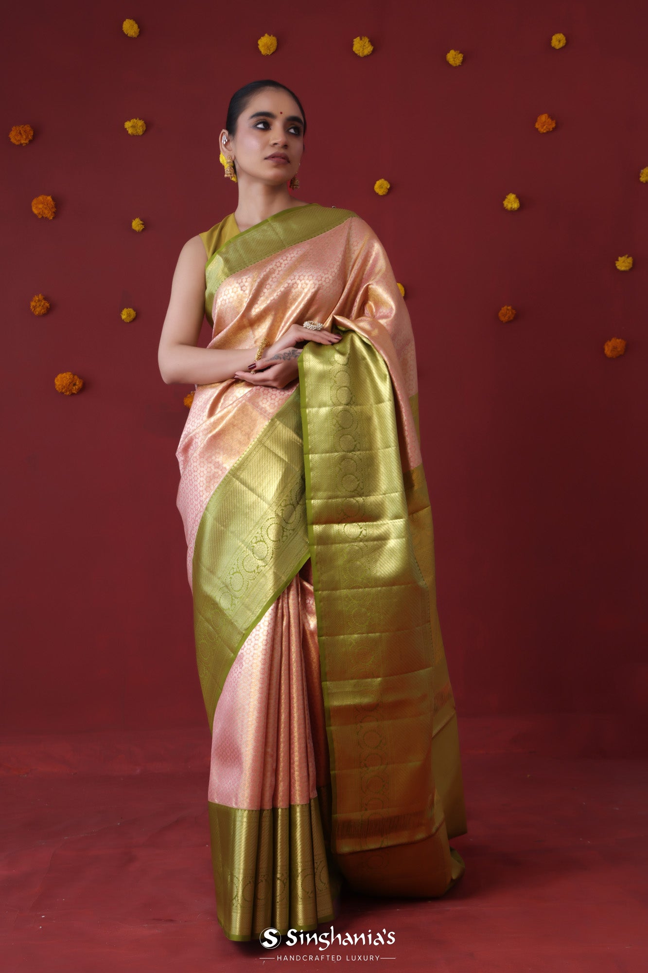 Baby Pink Kanjivaram Silk Saree With Floral Jaal Weaving