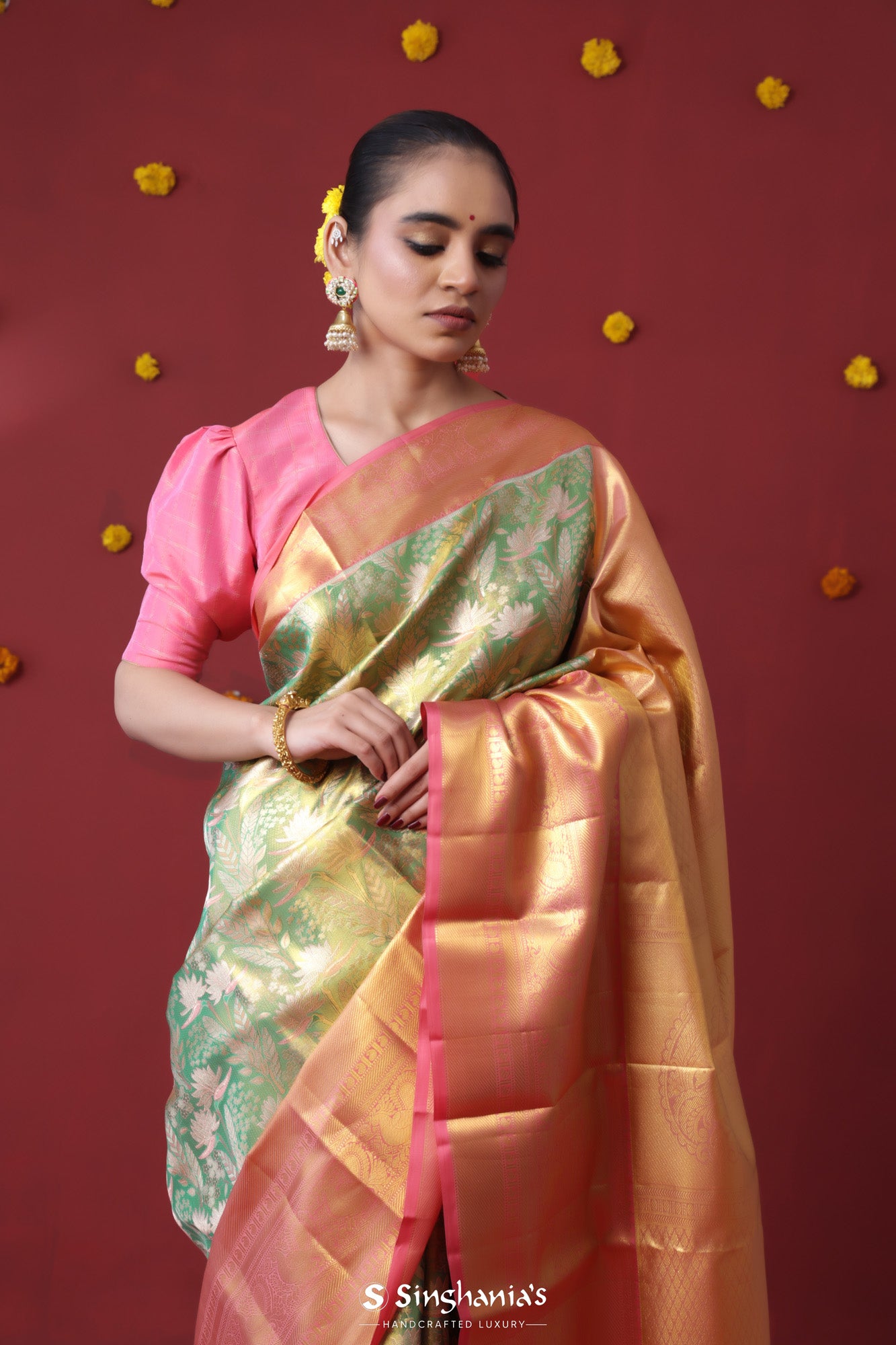 Bright Green Tissue Kanjivaram Saree With Floral Jaal Weaving