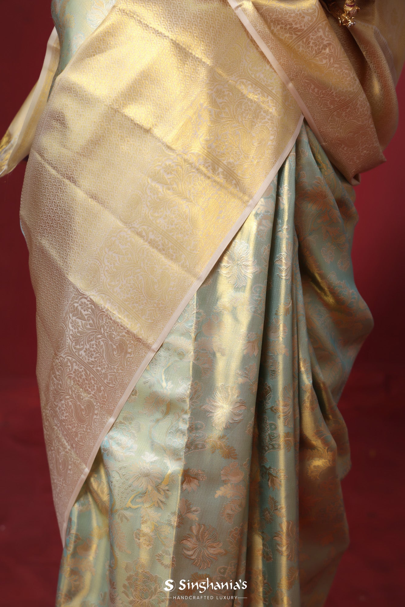 Cambridge Blue Kanjivaram Silk Saree With Floral Jaal Weaving
