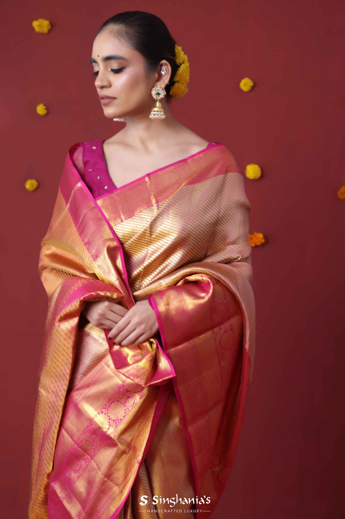 Pink & Gold Kanjivaram Silk Saree With Stripes Weaving