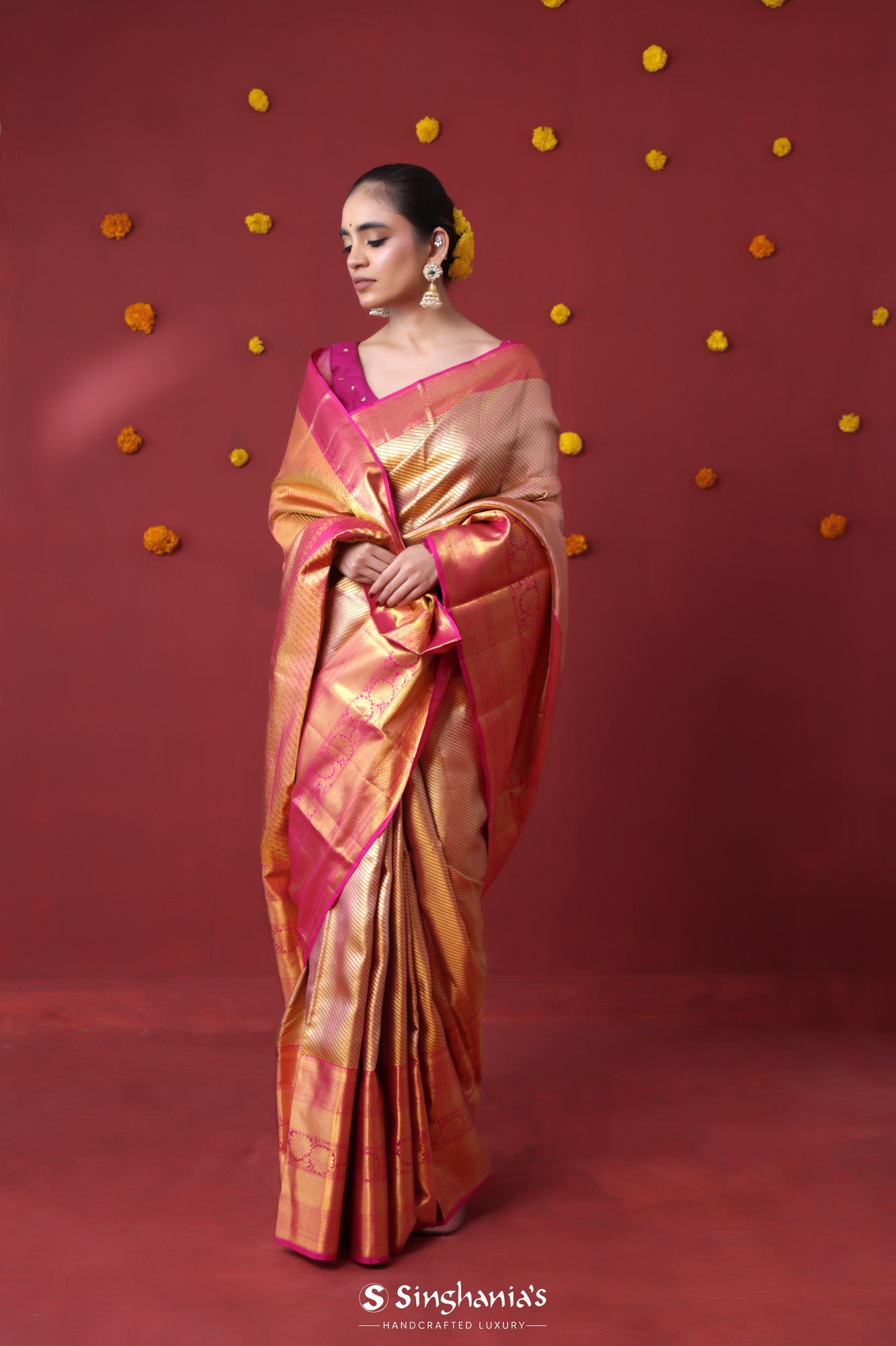 Pink & Gold Kanjivaram Silk Saree With Stripes Weaving