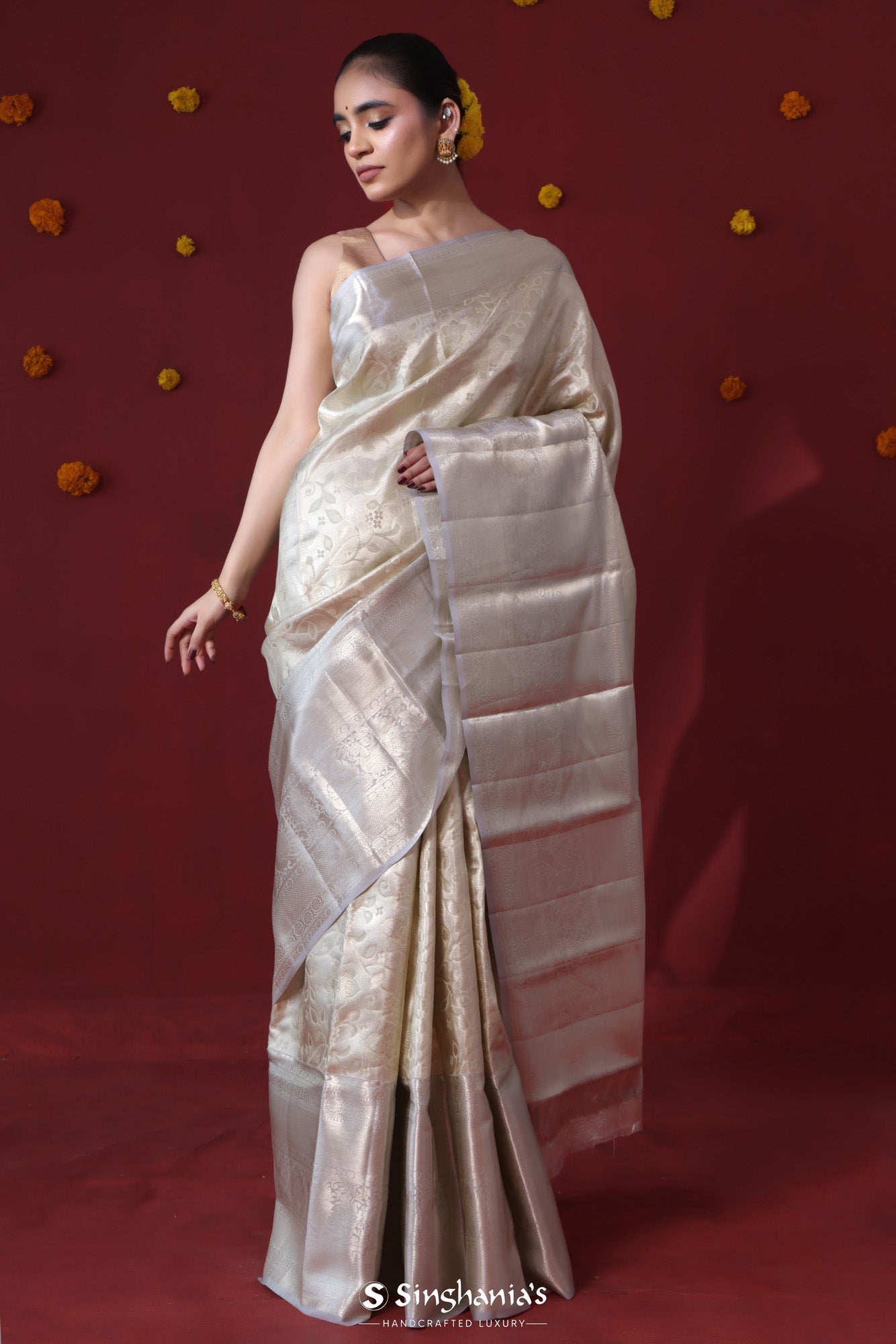 Olive Grey Tissue Kanjivaram Saree With Floral Weaving