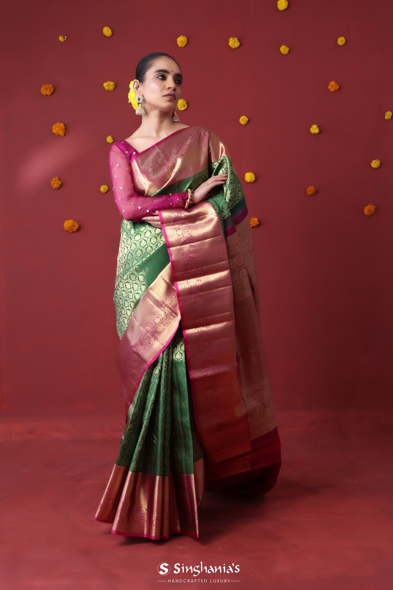 Hunter Green Kanjivaram Silk Saree With Floral Jaal Weaving